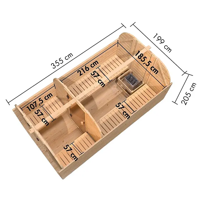Karibu Saunahaus Quadro 3 - Ohne Ofen, Natur, L x B x H: 355 x 199 x 205 cm - Holzsauna mit offenem Dach, die Innenbänke, einen Ofen und umfassende Außen- und Innenmaße zur Planung zeigt.