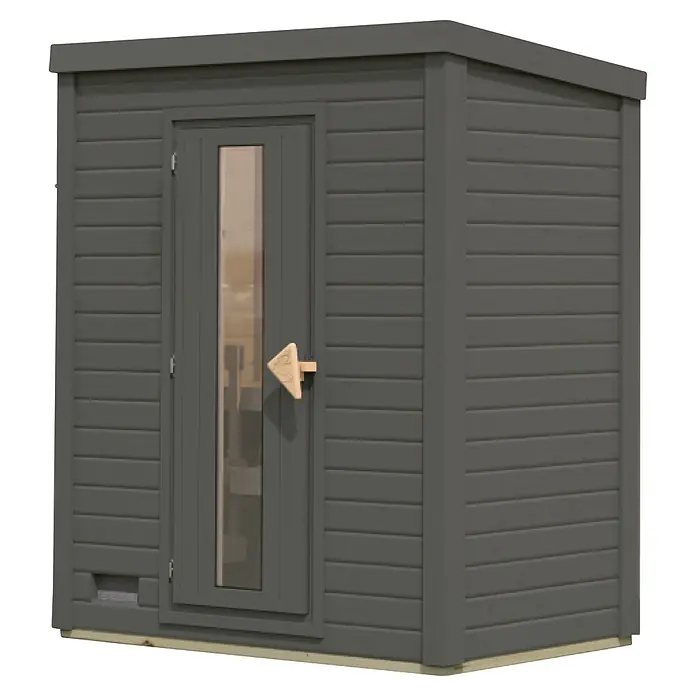 Karibu Saunahaus Hytti - Ohne Ofen, Terragrau, L x B x H: 113 x 196 x 228 cm - Dunkelgraue Holz-Außensauna mit Glastür und Holzgriff.