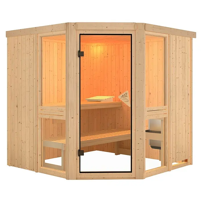 Karibu Elementsauna - L x B x H: 196 x 196 x 198 cm, Natur, Ohne Ofen - Ecksauna aus hellem Holz mit Glastür und Seitenwänden, ausgestattet mit Holzbänken, Kopfstütze und Ofen.
