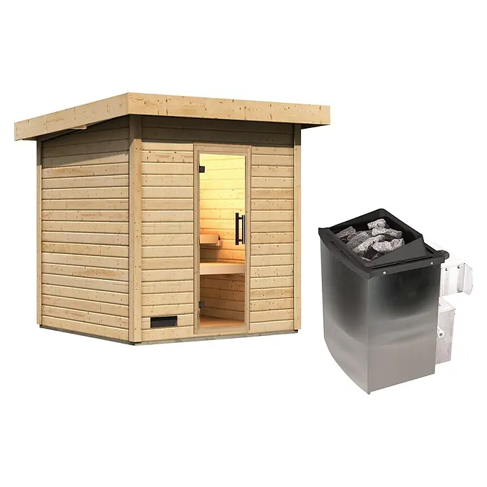 Karibu Saunahaus Kaapi 3 - 9 KW Ofen mit interner Steuerung, Natur, L x B x H: 196 x 196 x 228 cm - Hölzerne Außensaunakabine mit Glastür und externer Metall-Saunaofen mit Saunasteinen.
