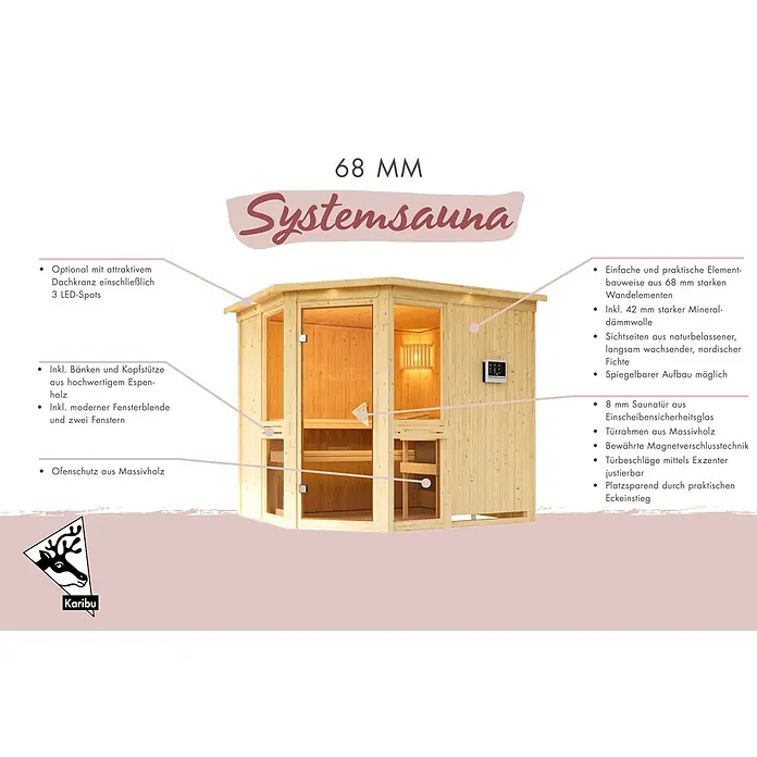 Karibu Elementsauna - L x B x H: 196 x 196 x 198 cm, Natur, Ohne Ofen - Eine helle Holzsaunakabine mit Glastür und Eck-Einstieg, 68 mm Wandstärke.