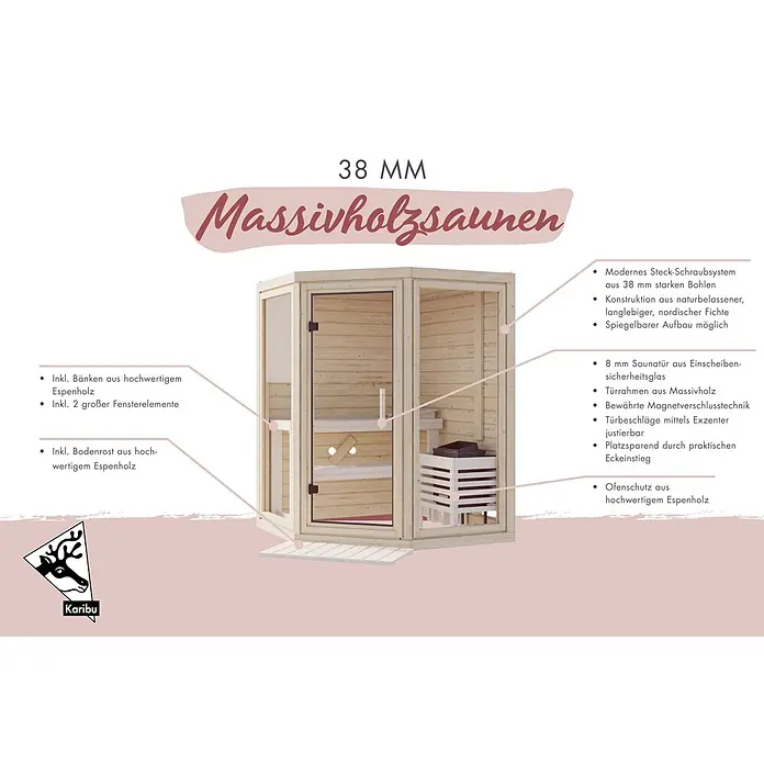 Karibu Elementsauna Frigg - Plug & Play 3,6 KW Ofen mit interner Steuerung, L x B x H: 158 x 158 x 207 cm - Ecksauna aus hellem Holz mit Glastür, Sitzbänken und integriertem Ofen.