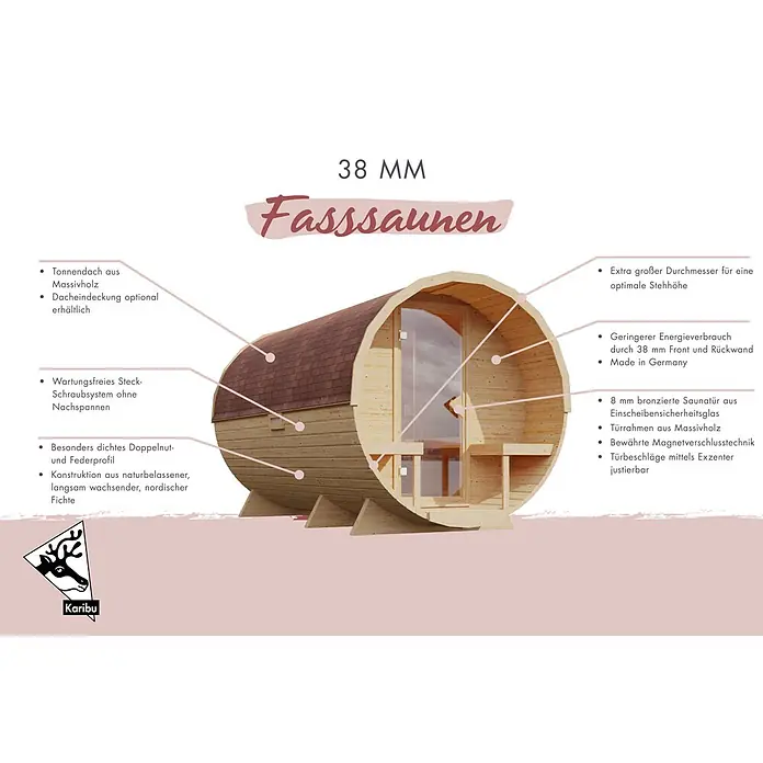 Karibu Fasssauna - 9 KW Bio-Ofen mit externer Steuerung, Natur, L x B x H: 175 x 225 x 229 cm - Hölzerne Fasssauna mit Schindeldach, Schnittansicht zeigt Innenbänke und Glastür.