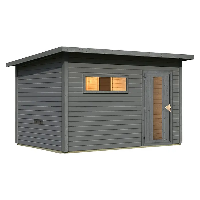 Karibu Saunahaus Hytti 6 - Ohne Ofen, Terragrau, L x B x H: 231 x 396 x 217 cm - Grau lasiertes Holzgartenhaus mit Fenster und Doppeltür, das einen hellen Holzinnenraum zeigt.
