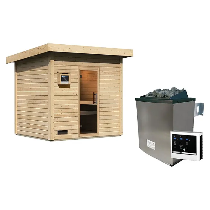 Karibu Saunahaus Kaapi 4 - 9 KW Ofen mit externer Steuerung, Natur, L x B x H: 196 x 231 x 238 cm - Helle Holzkabinensauna mit Glastür und separatem Edelstahl-Saunaofen mit Bedienfeld.