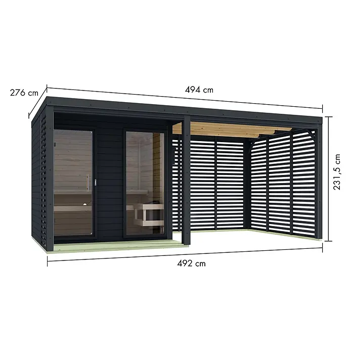 Karibu Saunahaus Heimdall - 9 KW Ofen mit interner Steuerung, Anthrazit, L x B x H: 276 x 492 x 231,5 cm - Dunkelgraue Außensauna mit angegliederter Lamellenpergola. Mit Glastüren und Holzbänken im Inneren.