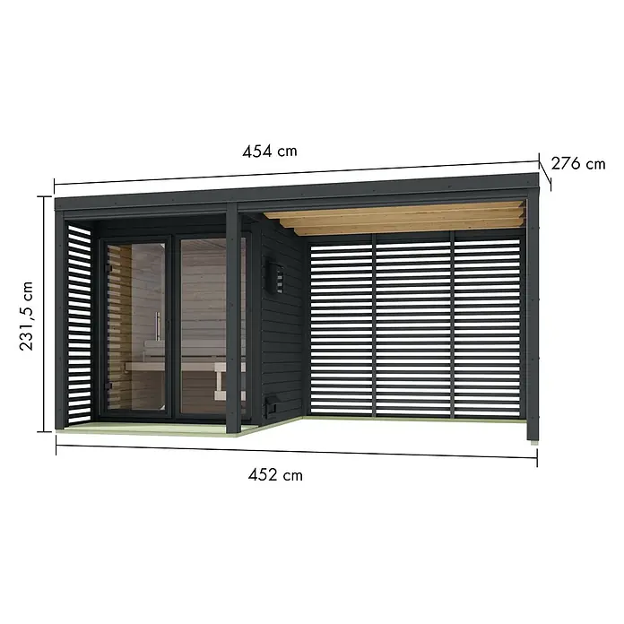 Karibu Saunahaus Heimdall - 9 KW Ofen mit interner Steuerung, Anthrazit, L x B x H: 276 x 452 x 231,5 cm - Anthrazitfarbene Gartensauna mit Glastür und angebauter Holzlamellen-Pergola, mit Maßen.