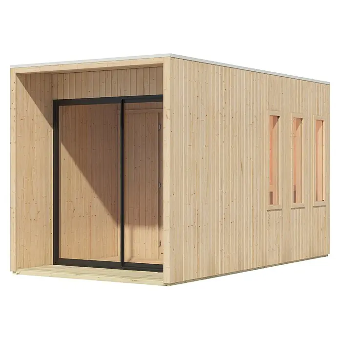 Karibu Saunahaus Miramar - L x B x H: 429 x 219,5 x 244 cm, Natur, Ohne Ofen - Gartenhaus aus hellem Holz mit großer Glasschiebetür mit schwarzem Rahmen und drei schmalen Fenstern.