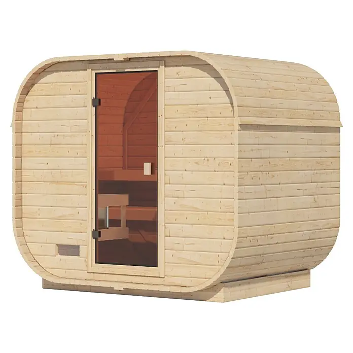 Karibu Saunahaus Quadro 1 Plus - Ohne Ofen, Natur, L x B x H: 385 x 225 x 205 cm - Helle Holzfasssauna mit Glastür, die Innenbänke zeigt.
