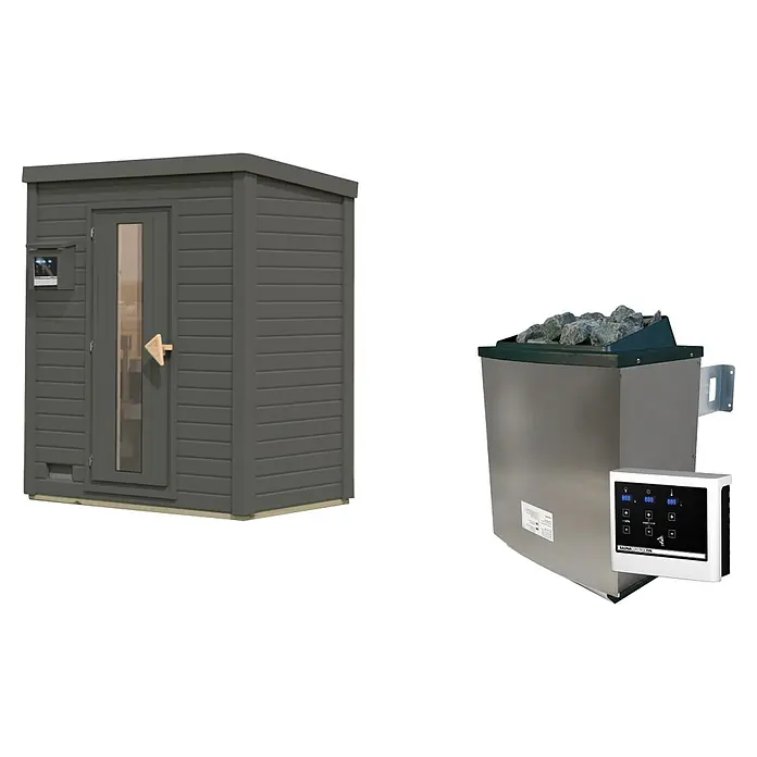Karibu Saunahaus Hytti - 9 KW Ofen mit externer Steuerung, Terragrau, L x B x H: 113 x 196 x 228 cm - Graue Außensaunakabine mit Glastür und ein metallischer Saunaofen mit Steinen und digitaler Steuerung.