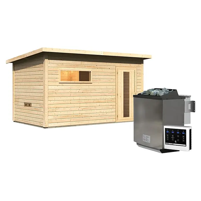 Karibu Saunahaus Hytti 6 - 9 KW Bio-Ofen mit externer Steuerung, Natur, L x B x H: 231 x 396 x 217 cm - Hölzerne Saunakabine mit Tür und Fenster, dazu ein Edelstahl-Saunaofen mit digitaler Steuerung.