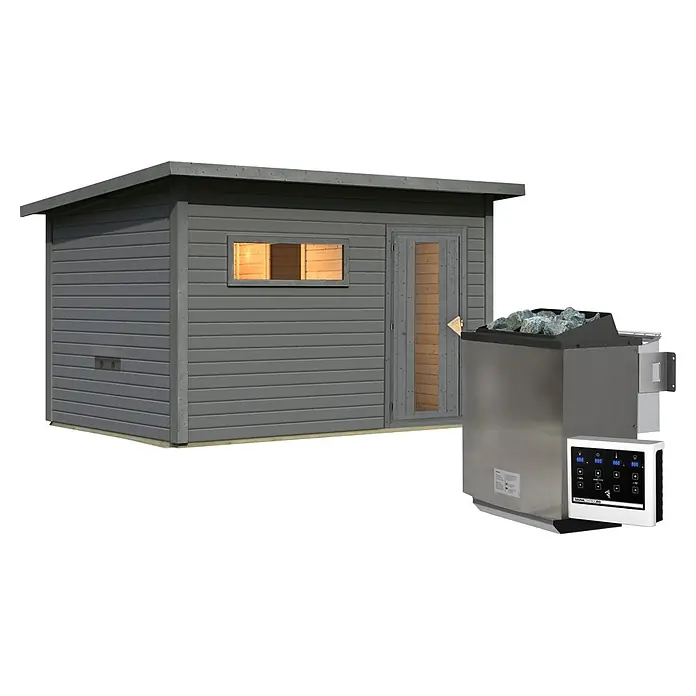 Karibu Saunahaus Hytti 6 - 9 KW Bio-Ofen mit externer Steuerung, Terragrau, L x B x H: 231 x 396 x 217 cm - Graue Holzsaunakabine mit Fenster und Tür, daneben ein elektrischer Saunaofen aus Edelstahl und sein Bedienfeld.