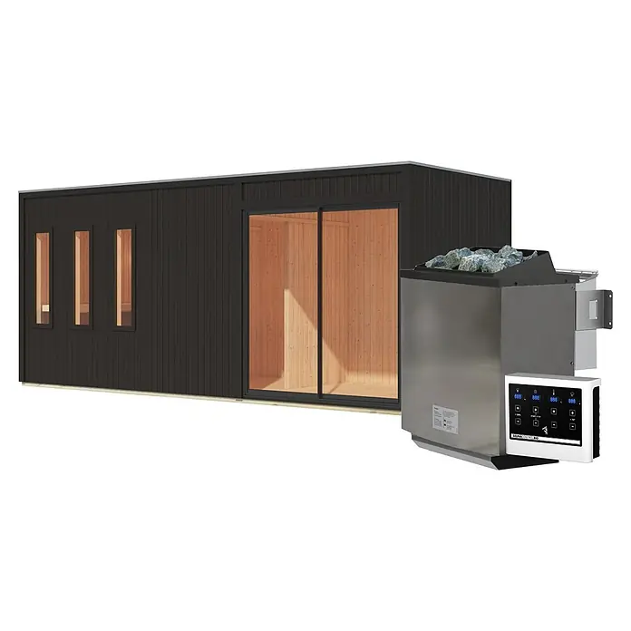 Karibu Saunahaus Monterey - L x B x H: 216,3 x 573,5 x 244,1 cm, Schwarz, 9 KW Bio Ofen mit externer Steuerung - Dunkle moderne Saunakabine mit Holzvertäfelung, Glastür und Edelstahl-Saunaofen mit digitaler Steuerung.
