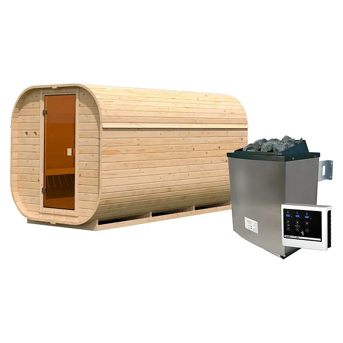 Karibu Saunahaus Quadro 3 - 9 KW Ofen mit externer Steuerung, Natur, L x B x H: 355 x 199 x 205 cm - Helle Holzfasssauna mit Glastür und separatem silbernem Saunaofen mit Steinen und digitalem Bedienfeld.