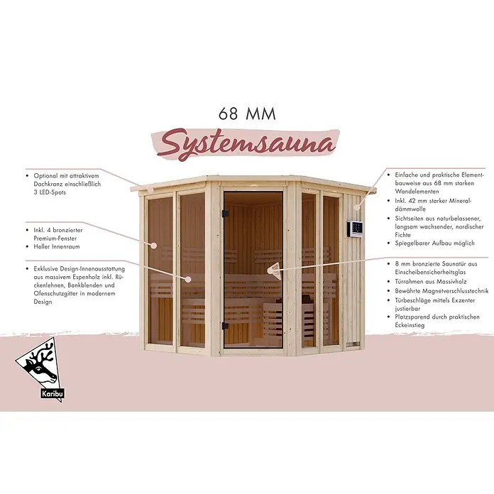 Karibu Elementsauna Bragi - L x B x H: 196 x 196 x 198 cm, Plug & Play 3,6 KW Ofen mit interner Steuerung - Eine helle Eck-Saunakabine aus Holz mit Glastür und Fenstern, platzsparend im Design.