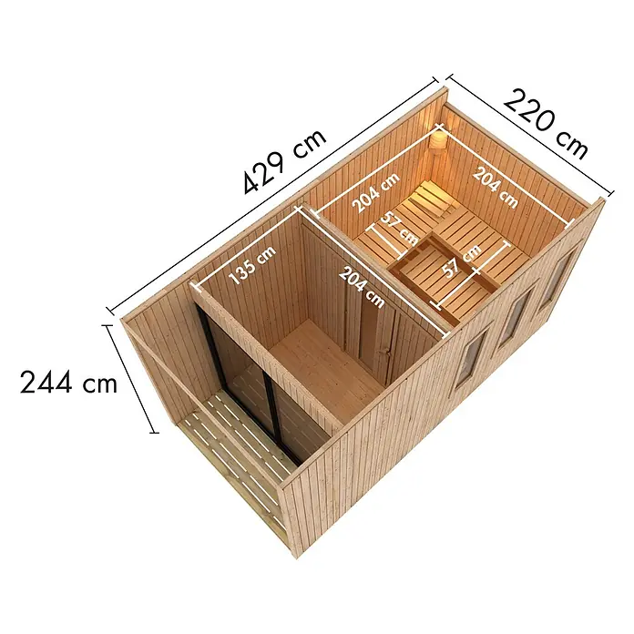 Karibu Saunahaus Miramar - L x B x H: 429 x 219,5 x 244 cm, Natur, Ohne Ofen - Holzkabine für eine Außensauna mit Umkleide und Bänken, Maße 429x244x220 cm.