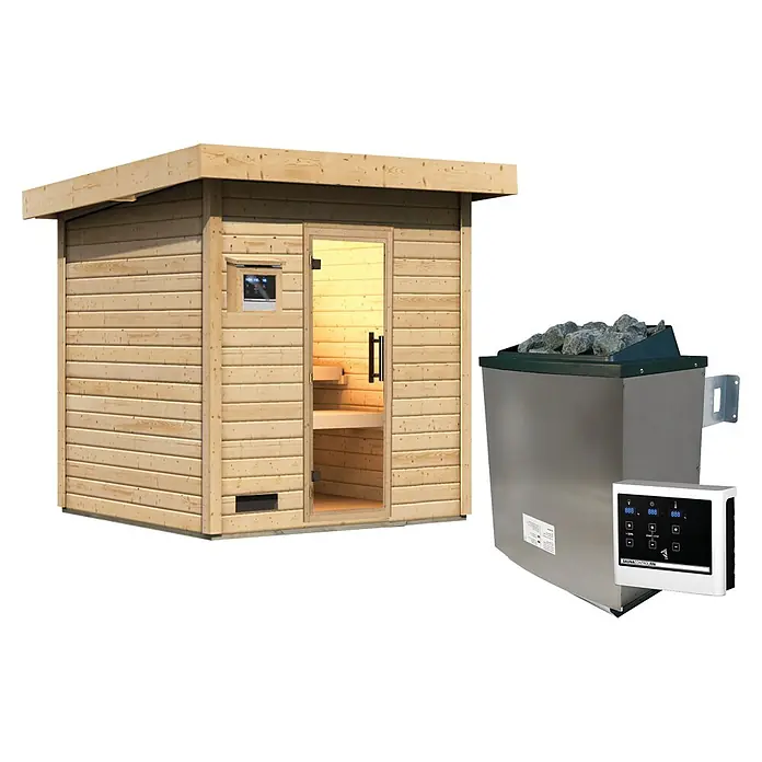 Karibu Saunahaus Kaapi 3 - 9 KW Ofen mit externer Steuerung, Natur, L x B x H: 196 x 196 x 228 cm - Hölzerne Saunakabine und ein Edelstahl-Saunaofen mit digitalem Bedienfeld.