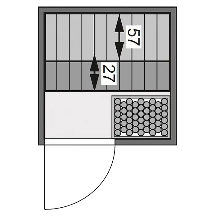Karibu Elementsauna Njord - Ohne Ofen, Natur, L x B x H: 145 x 145 x 187 cm - Draufsicht auf einen Lagerschrank mit zwei Lattenregalen (27 und 57) und einem unteren Behälter mit runden Gegenständen.