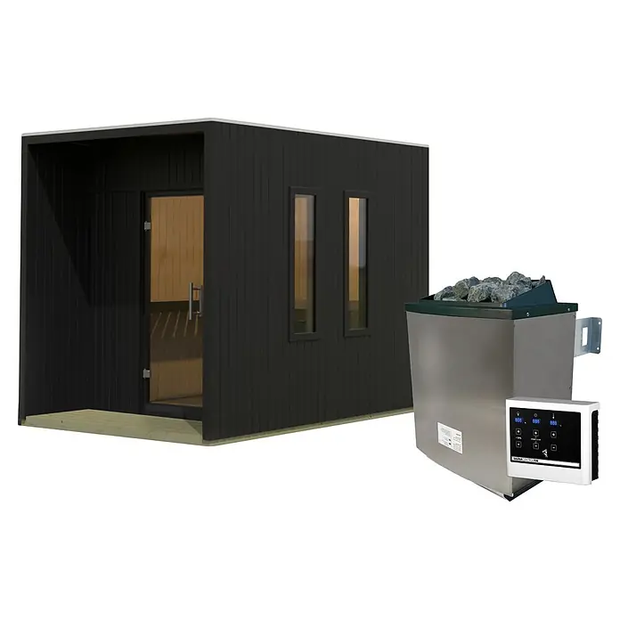 Karibu Saunahaus Laguna - L x B x H: 287,5 x 219,5 x 244 cm, Schwarz, 9 KW Ofen mit externer Steuerung - Dunkle Außensaunakabine mit Glastür und zwei Fenstern. Daneben ein Edelstahl-Saunaofen mit Steinen und digitalem Bedienfeld.