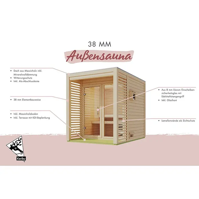 Karibu Saunahaus Heimdall - 9 KW Ofen mit interner Steuerung, Natur, L x B x H: 276 x 276 x 231,5 cm - Helle Holz-Außensauna mit Glasfront, Edelstahlgriff und Lamellen-Sichtschutzwänden.