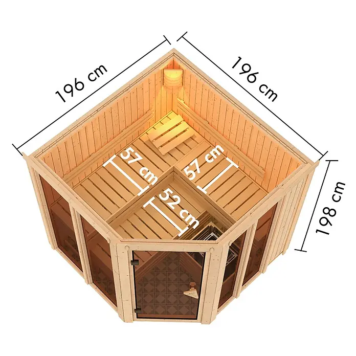 Karibu Elementsauna Bragi - L x B x H: 196 x 196 x 198 cm, Plug & Play 3,6 KW Ofen mit interner Steuerung - Hölzerne Ecksauna mit Glaselementen, Innenbänken und technischen Maßen.