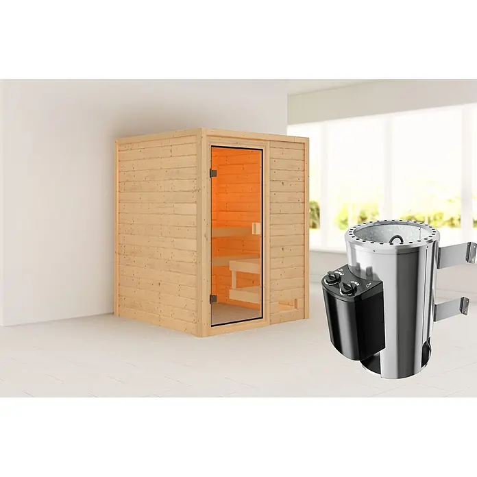 Karibu Elementsauna Njord - Plug & Play 3,6 KW Ofen mit interner Steuerung, Natur, L x B x H: 145 x 145 x 187 cm - Eine Holzsaunakabine mit orange getönter Glastür neben einem wandmontierten Edelstahl-Saunaofen mit schwarzen Bedienelementen.