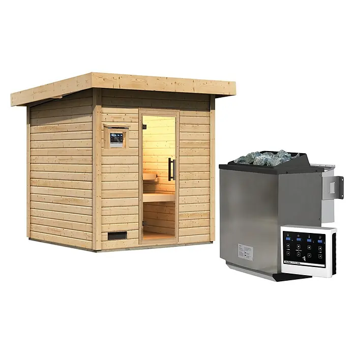 Karibu Saunahaus Kaapi 3 - 9 KW Bio-Ofen mit externer Steuerung, Natur, L x B x H: 196 x 196 x 228 cm - Helle Holzsaunakabine mit Glastür, daneben ein metallischer Saunaofen mit Steinen und digitalem Bedienfeld.
