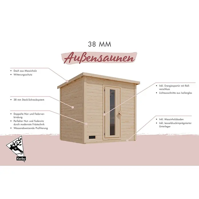 Karibu Saunahaus Hytti 6 - 9 KW Ofen mit externer Steuerung, Terragrau, L x B x H: 231 x 396 x 217 cm - Helle Holz-Außensauna mit Pultdach und Tür mit Glaseinsatz.