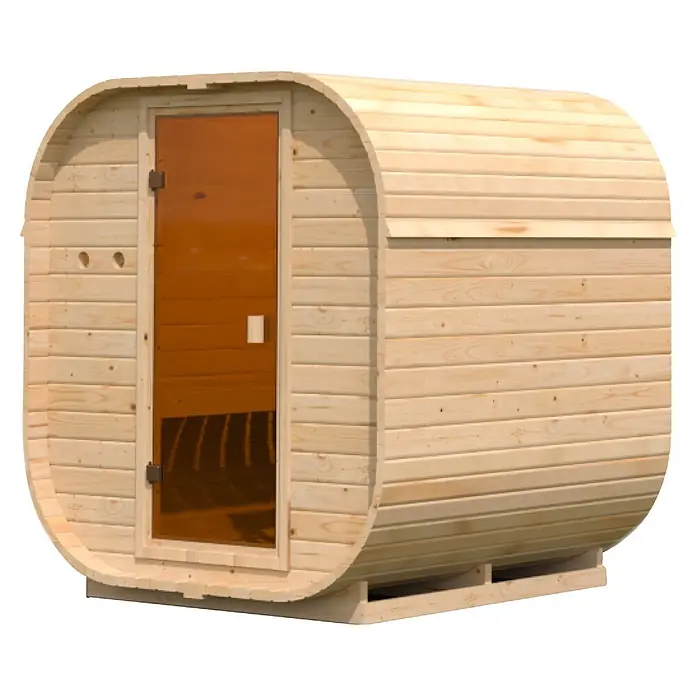 Karibu Saunahaus Quadro 1 - 9 KW Ofen mit externer Steuerung, Natur, L x B x H: 175 x 199 x 205 cm - Fasssauna aus hellem Holz mit getönter Glastür, auf Holzstützen stehend.
