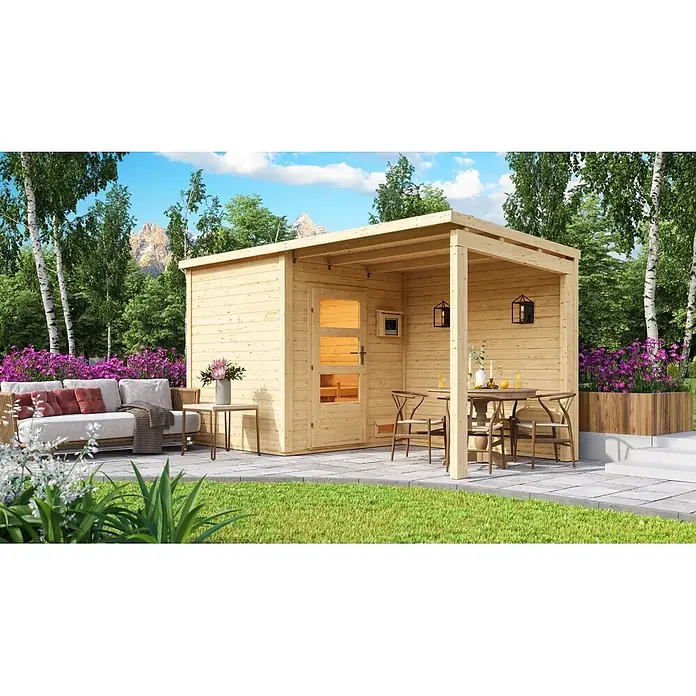 Karibu Saunahaus Vidar - 9 KW Ofen mit interner Steuerung, Natur, L x B x H: 196 x 196 x 227,5 cm - Helles Holzgartenhaus mit Anbaupergola, mit Lounge- und Essbereich in einem Garten.