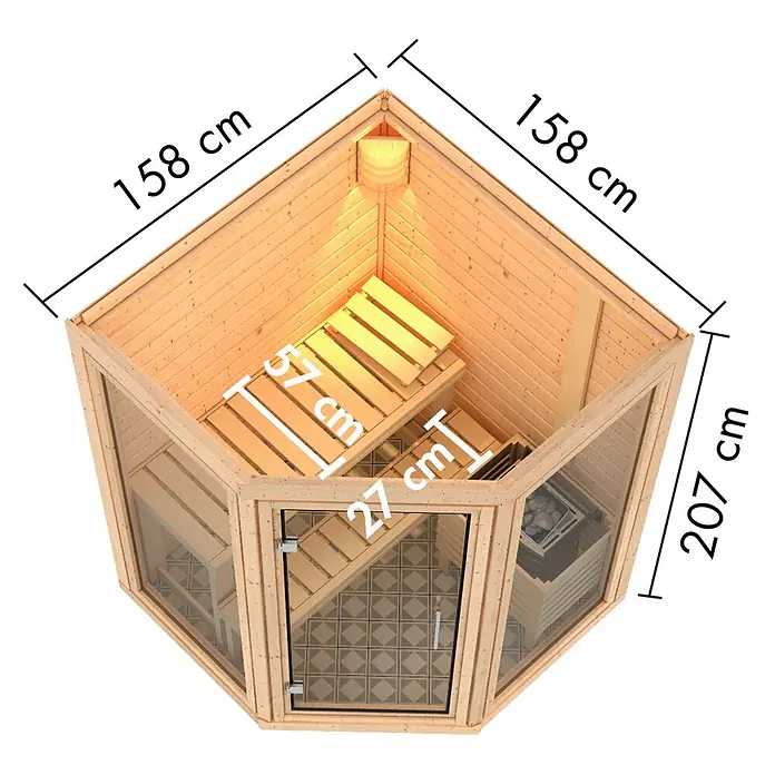 Karibu Elementsauna Frigg - Plug & Play 3,6 KW Ofen mit interner Steuerung, L x B x H: 158 x 158 x 207 cm - Ecksauna aus hellem Holz mit Glaselementen, innen mit Bänken, Ofen und Maßen: 158x158x207 cm, Bänke 57/27 cm tief.