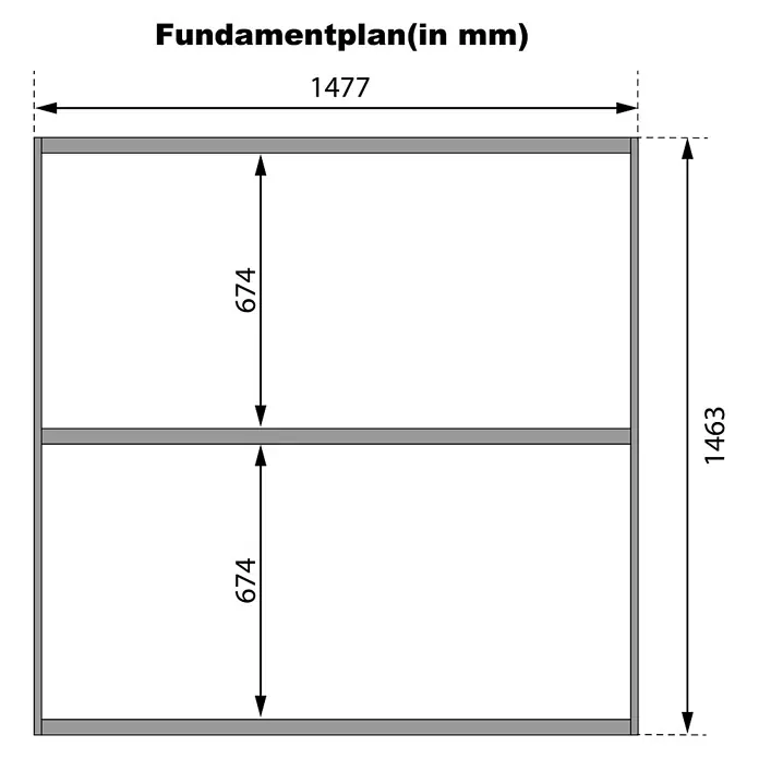 Karibu Saunahaus Miramar - L x B x H: 429 x 219,5 x 244 cm, Natur, Ohne Ofen - Technischer Fundamentplan mit Maßen in mm: 1477 Breite, 1463 Höhe und zwei innere Abschnitte von je 674 Höhe.