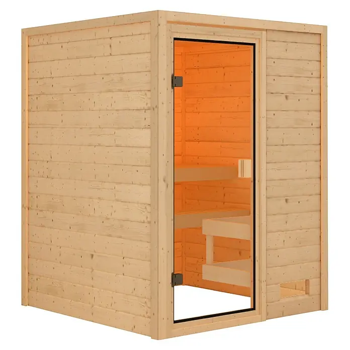 Karibu Elementsauna Njord - Ohne Ofen, Natur, L x B x H: 145 x 145 x 187 cm - Helle Holzsaunakabine mit Glastür, die Holzbänke und ein warmes Interieur zeigt.