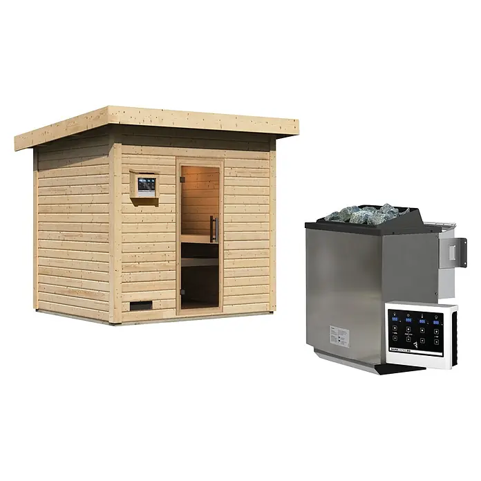 Karibu Saunahaus Kaapi 4 - 9 KW Bio-Ofen mit externer Steuerung, Natur, L x B x H: 196 x 231 x 238 cm - Sauna aus hellem Holz und Edelstahl-Saunaofen mit Steuergerät.