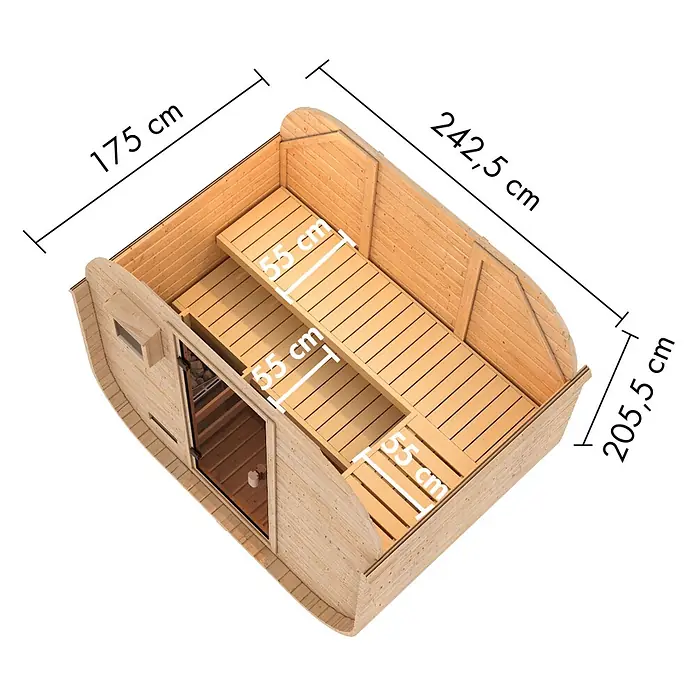 Karibu Saunahaus Skadi 1 Plus - 9 KW Ofen mit interner Steuerung, Natur, L x B x H: 385 x 225 x 205 cm - Draufsicht auf eine helle Holzfasssauna mit Innenbänken, Außenmaße 175x242,5x205,5 cm und 55 cm breite Bänke.