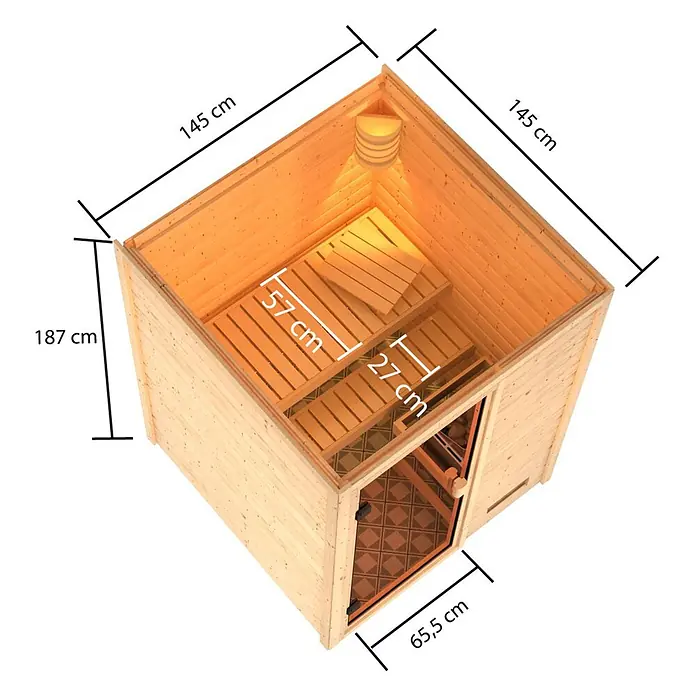 Karibu Elementsauna Njord - Ohne Ofen, Natur, L x B x H: 145 x 145 x 187 cm - Saunakabine aus hellem Holz mit Innenbänken und Glastür, Maße und Banktiefen gezeigt.