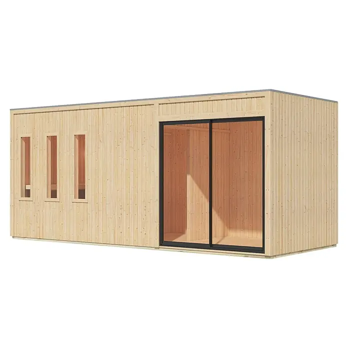 Karibu Saunahaus Monterey - L x B x H: 216,3 x 573,5 x 244,1 cm, Natur - Modulgebäude aus hellem Holz mit vertikalen Paneelen, drei Fenstern und schwarzer Glasschiebetür.