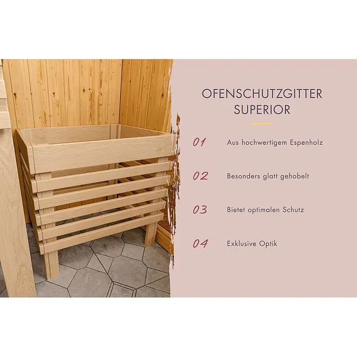 Karibu Elementsauna Frigg - Plug & Play 3,6 KW Ofen mit interner Steuerung, L x B x H: 158 x 158 x 207 cm - Ofenschutzgitter aus glattem, hellem Espenholz, in einer Holzsauna platziert.