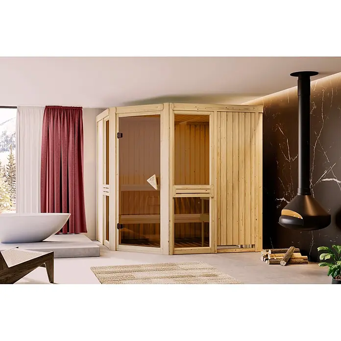 Karibu Elementsauna - L x B x H: 196 x 196 x 198 cm, Natur, Ohne Ofen - Helle Holzsauna mit Glastür in einem modernen Badezimmer.