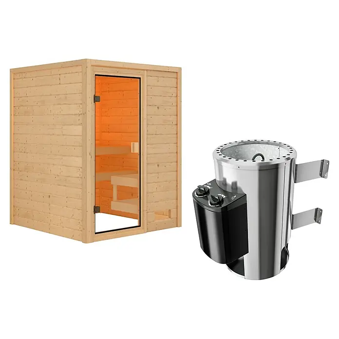 Karibu Elementsauna Njord - Plug & Play 3,6 KW Ofen mit interner Steuerung, Natur, L x B x H: 145 x 145 x 187 cm - Helle Holzsaunakabine mit Glastür und separatem silber-schwarzem elektrischem Saunaofen.