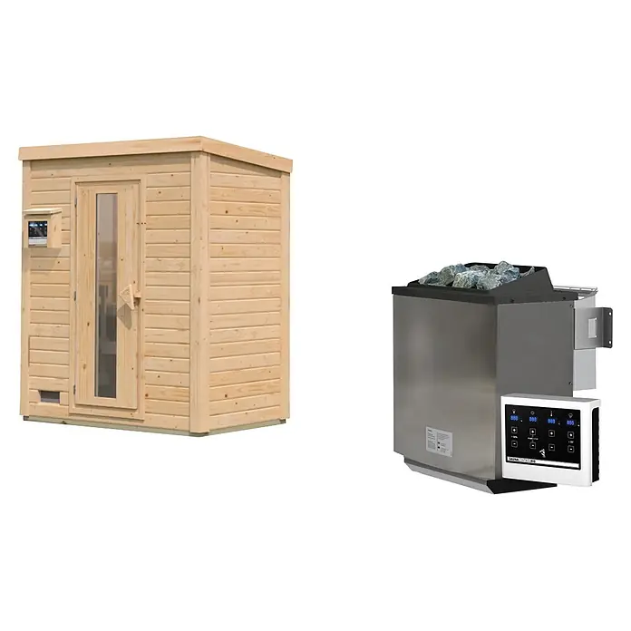 Karibu Saunahaus Hytti - 9 KW Bio-Ofen mit externer Steuerung, Natur, L x B x H: 113 x 196 x 228 cm - Helle Holzsaunakabine mit Glastür und Edelstahlofen mit Saunasteinen sowie digitalem Bedienfeld.