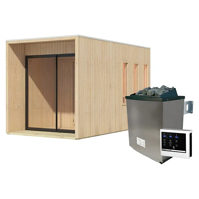 Karibu Saunahaus Miramar - L x B x H: 429 x 219,5 x 244 cm, Natur, 9 KW Ofen mit externer Steuerung - Moderne Holzsaunakabine mit Glasfront, separatem Edelstahl-Saunaofen und digitalem Bedienfeld.