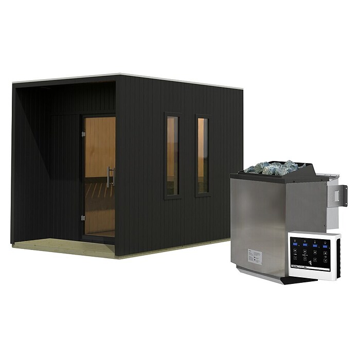 Karibu Saunahaus Laguna (L x B x H: 287,5 x 219,5 x 244 cm, Schwarz, 9 KW Bio Ofen mit externer Steuerung) | BAUHAUS