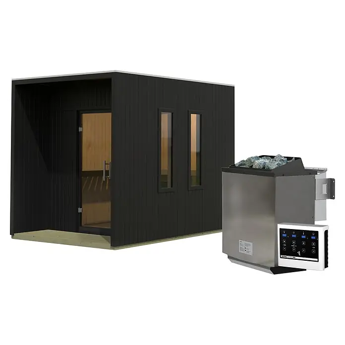 Karibu Saunahaus Laguna - L x B x H: 287,5 x 219,5 x 244 cm, Schwarz, 9 KW Bio Ofen mit externer Steuerung - Schwarze Außensaunakabine mit Glastür und Fenstern, mit Edelstahl-Saunaofen und digitalem Bedienfeld.