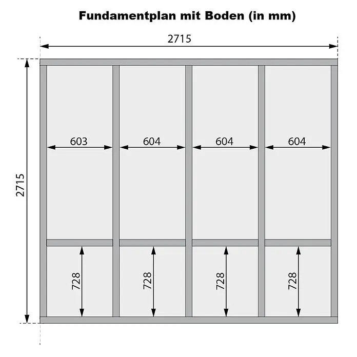 Karibu Saunahaus Heimdall - 9 KW Ofen mit interner Steuerung, Natur, L x B x H: 276 x 276 x 231,5 cm - Technische Zeichnung eines Fundament- oder Bodenplans mit Maßen. Eine Gitterstruktur 2715x2715 mm, in Abschnitte 603, 604, 604, 604 mm breit und 728 mm hoch unterteilt.