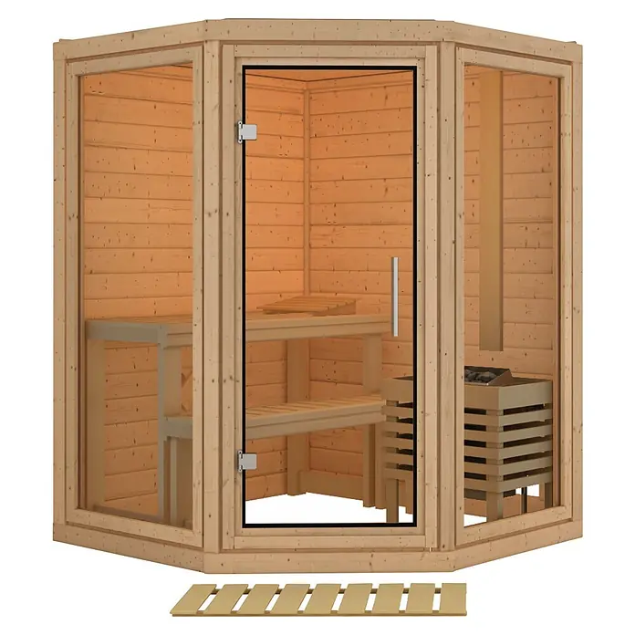 Karibu Elementsauna Frigg - Plug & Play 3,6 KW Ofen mit interner Steuerung, L x B x H: 158 x 158 x 207 cm - Ecksaunakabine aus hellem Holz mit Glastür, innen mit Bänken und Saunaofen.