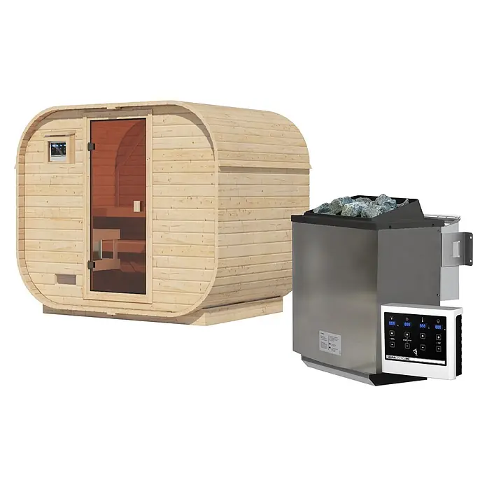Karibu Saunahaus Quadro 1 Plus - 9 KW Bio-Ofen mit externer Steuerung, Natur, L x B x H: 385 x 225 x 205 cm - Holzfasssauna mit Glastür und einem Edelstahl-Saunaofen mit Bedienfeld.