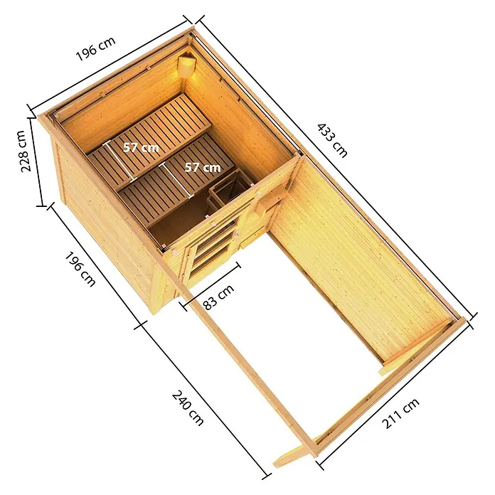 Karibu Saunahaus Vidar - 9 KW Ofen mit interner Steuerung, Natur, L x B x H: 196 x 196 x 227,5 cm - Hölzerne Außensaunakabine mit Innenbänken und angeschlossenem offenem Bereich, von oben mit Maßen dargestellt.