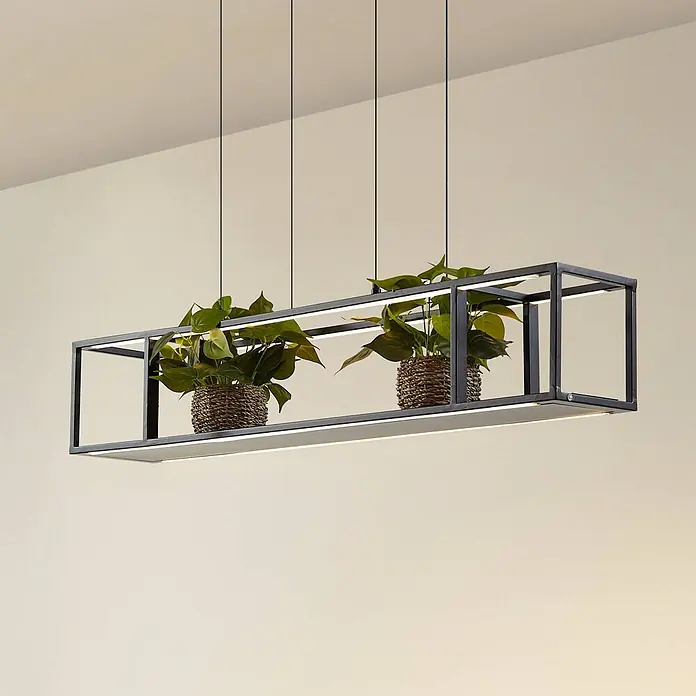 Lucande Pendelleuchte Estante - schwarz, Schwarz, weiß - Schwarze rechteckige Metallrahmen-Pendelleuchte mit integrierten LEDs und zwei Pflanzen in Korbtöpfen.