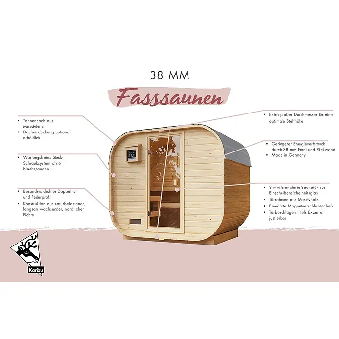 Karibu Saunahaus Quadro 1 - 9 KW Ofen mit externer Steuerung, Natur, L x B x H: 175 x 199 x 205 cm - 38mm Fasssauna aus Naturholz mit Glastür und externem Bedienfeld.